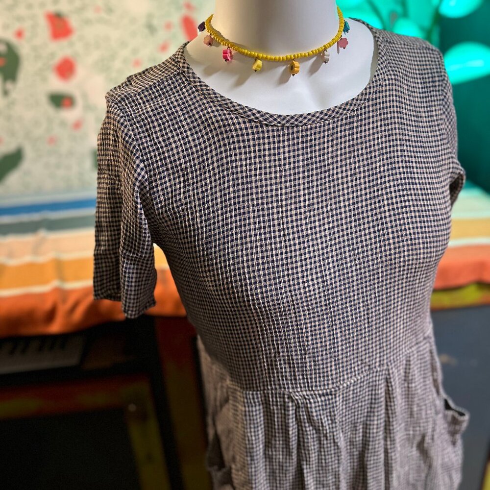 Flax by Jeanne Engelhart Blue Gingham Adjustable Waist Tie Dress - S